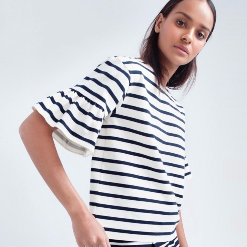 J Crew Navy Striped Ruffle Sleeve Top Boxy Cropped Style